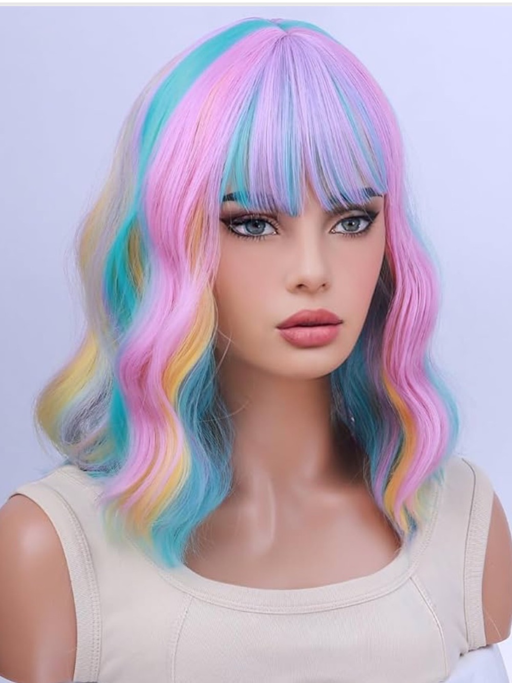 Rainbow Pastel Wig 14" Wavy Curly Bob with Bangs Cosplay Festival Hair NWT